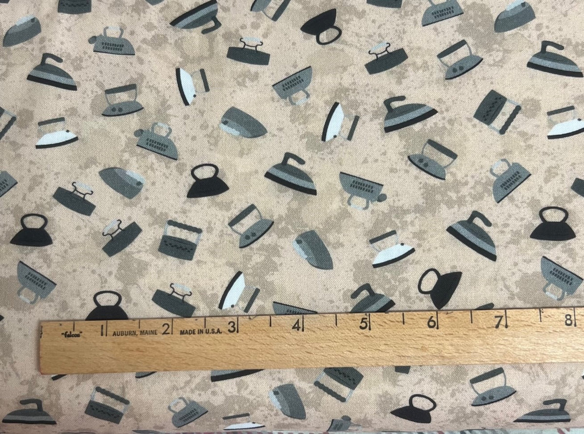 Irons on beige, Sew Sew Sew It, Blank Quilting by Stof Fabrics, Sold b