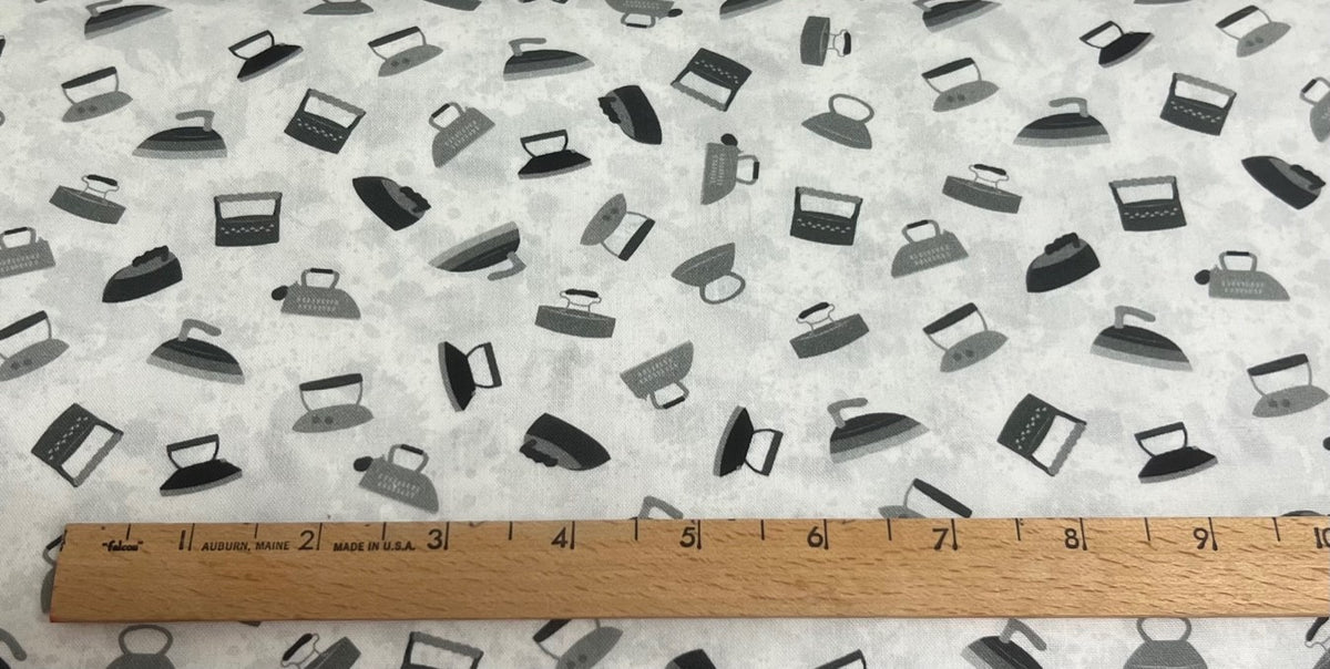 Irons on gray, Sew Sew Sew It, Blank Quilting by Stof Fabrics, Sold by