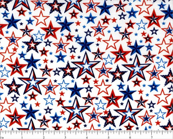 45" wide Patriotic Assorted Stars on White Background Print 100% Cotton Fabric, Santee Print Works, Sold by the Yard