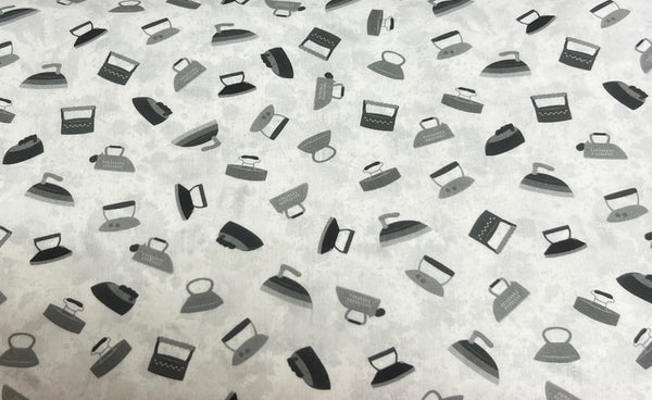 Irons on gray, Sew Sew Sew It, Blank Quilting by Stof Fabrics, Sold by the Yard